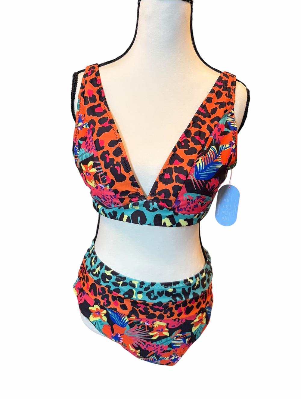 Hilinker Bright Floral & Leopard Print 2 Piece Swim Suit Bikini Size Large
